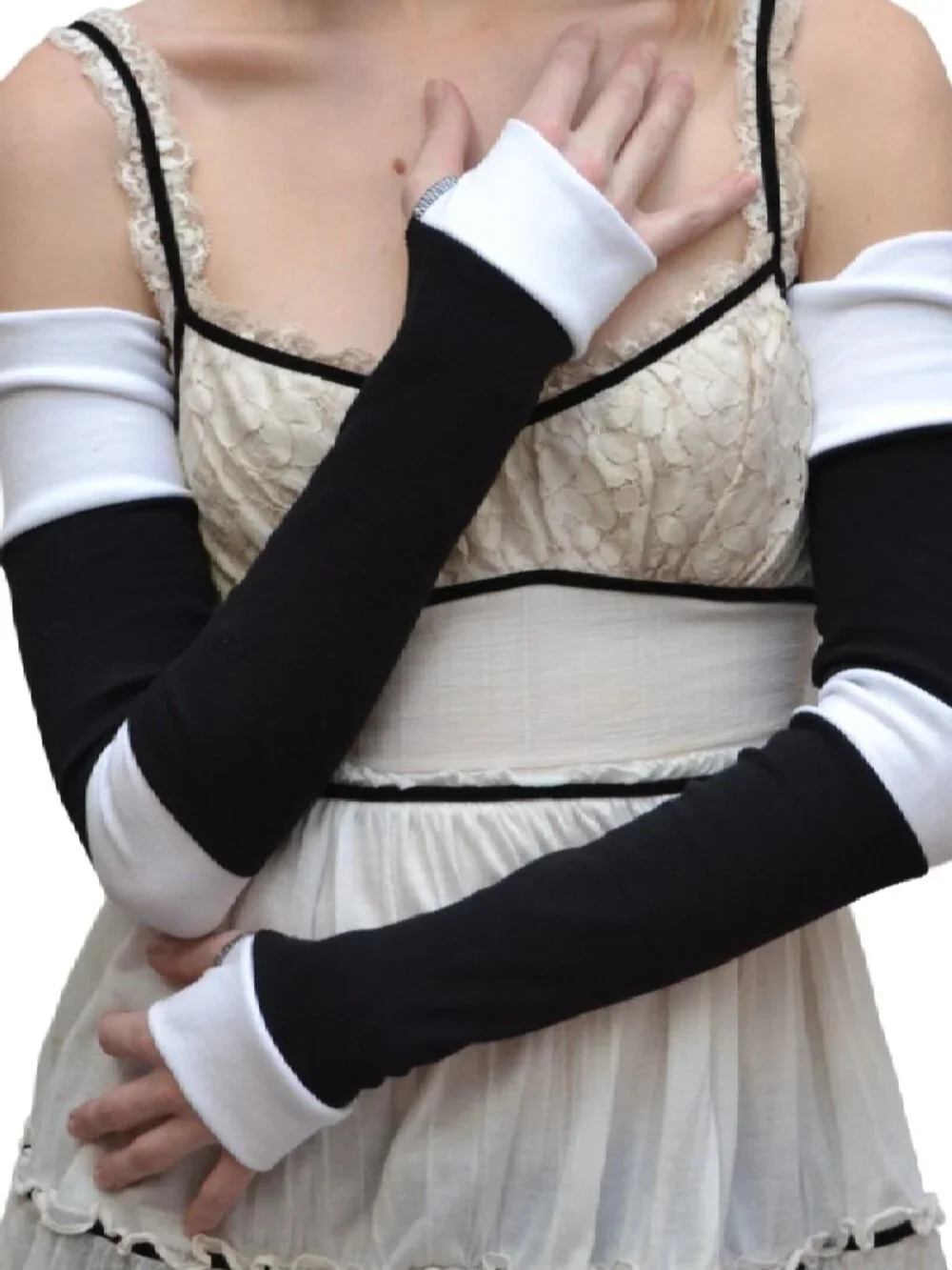 Extra Long Black White Striped Cotton Arm Warmers Gloves Patchwork Hand Made